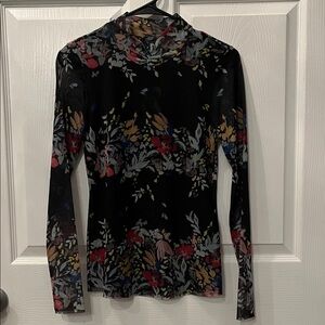 Ted Baker London Floral Mesh Print Long-Sleeve Mock Neck Top - Black/Multi